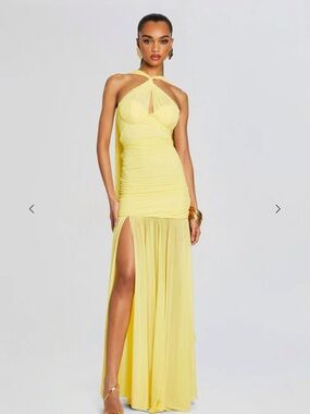 Retrofete Yellow Halter Maxi Dress with High Side Slit